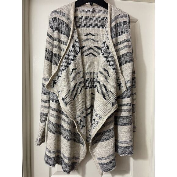 Lucky Brand Open Front Cardigan Sweater Medium Boho Aztec Tribal Knit Cream - Picture 3 of 12